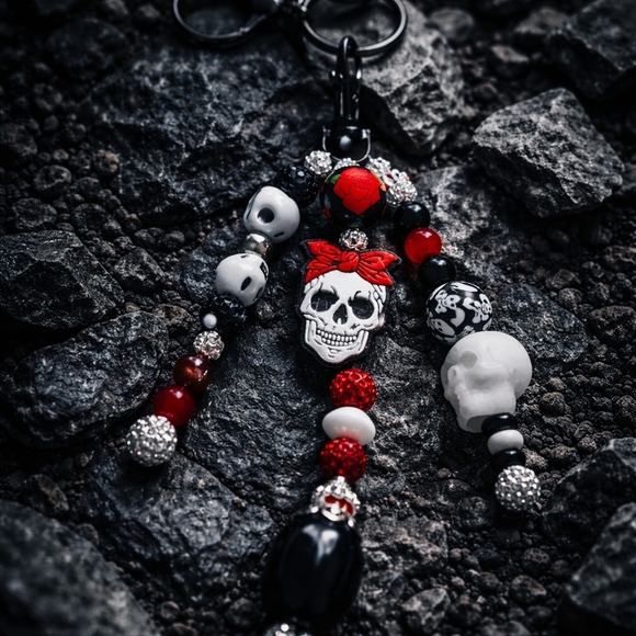 The Crystal Witch Goods Accessories - Gothic Skull Beaded Keychain Bag Charm with Rhinstone Bead Accents